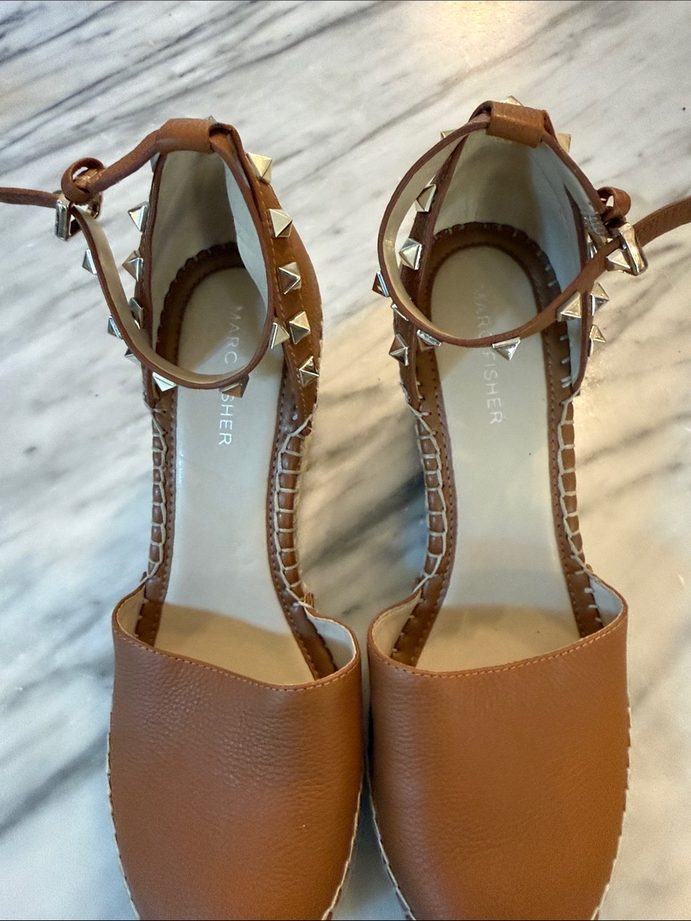 Marc Fisher Tan Studded Espadrille Ankle-Strap Flats